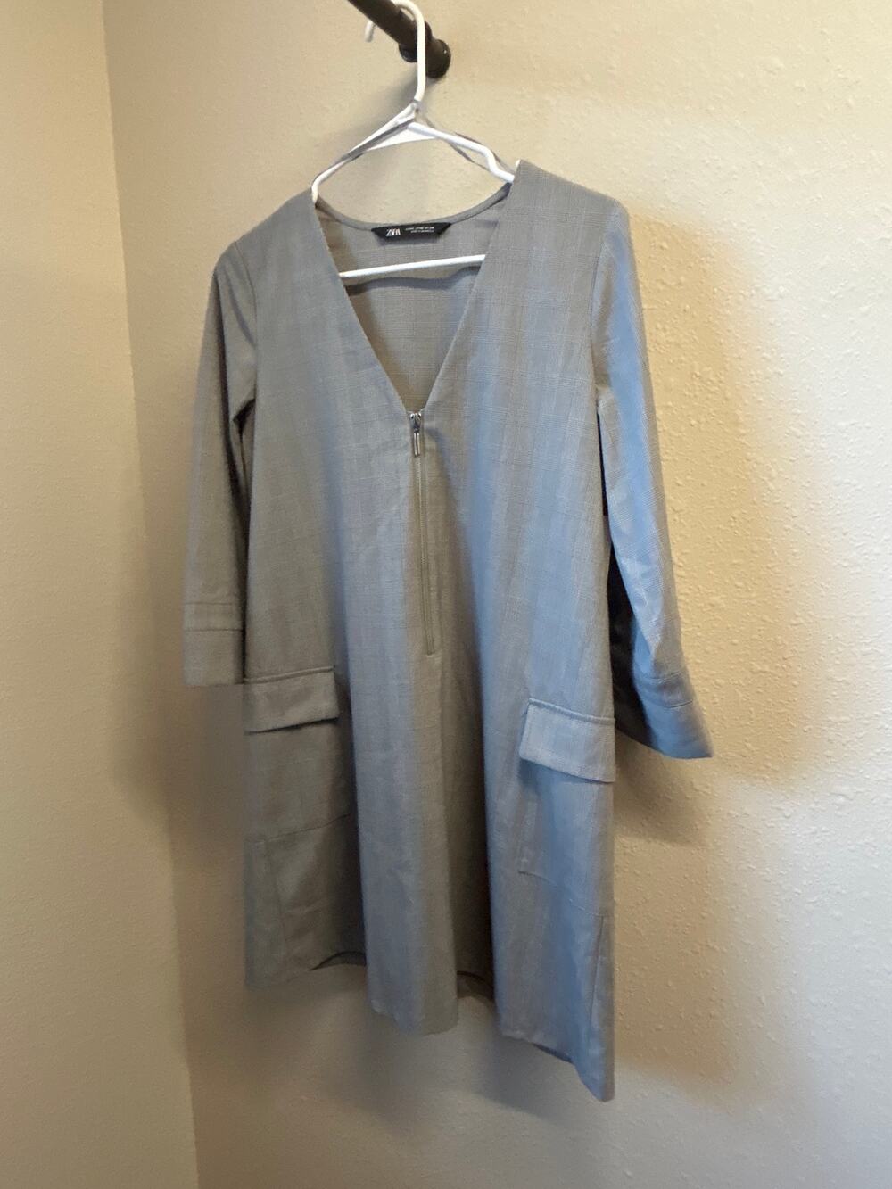 Zara Gray Plaid Shift Dress pockets Viscose blend Size XS NWT